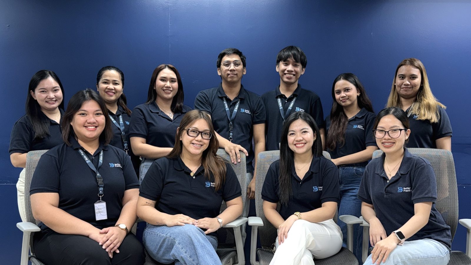 The accounting team seated and standing together at the office