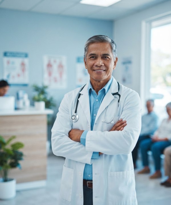 An established doctor standing in his busy clinic waiting area