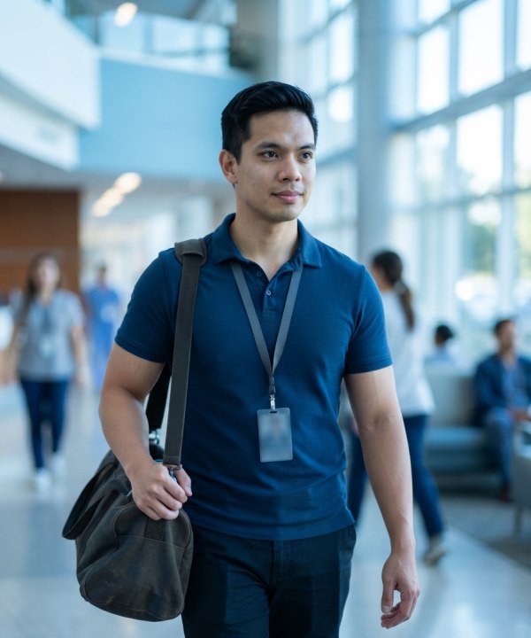 A moonlighting doctor walking through a hospital lobby between duties