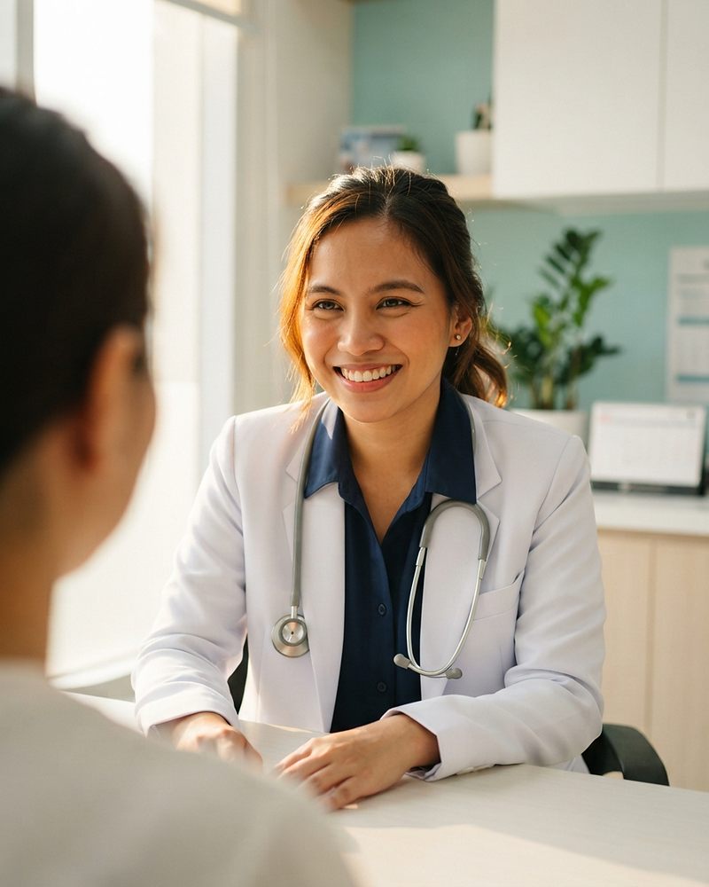A doctor smiling across the desk from a patient in her clinic, free to focus on medicine while Better Practice handles the paperwork