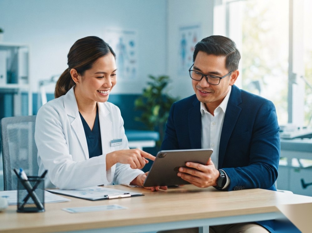 A doctor and a Better Practice accountant reviewing a tablet together