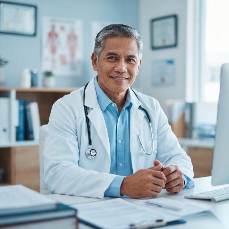 An established doctor at his clinic desk