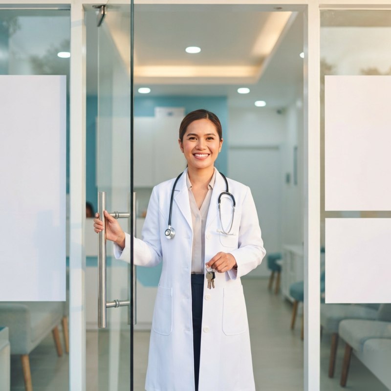A doctor at the door of her new clinic