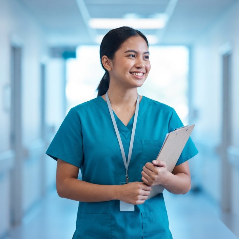 A medical resident in scrubs in a hospital hallway