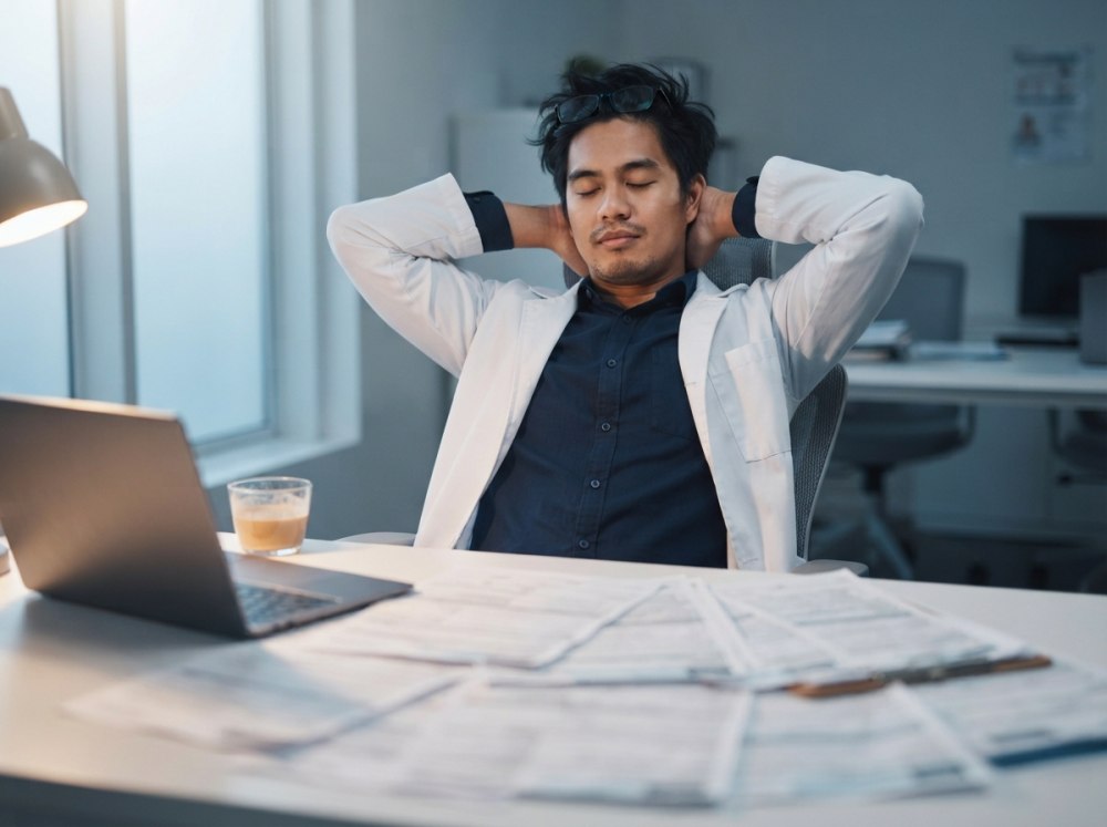 A doctor at his desk facing a stack of BIR forms after hours