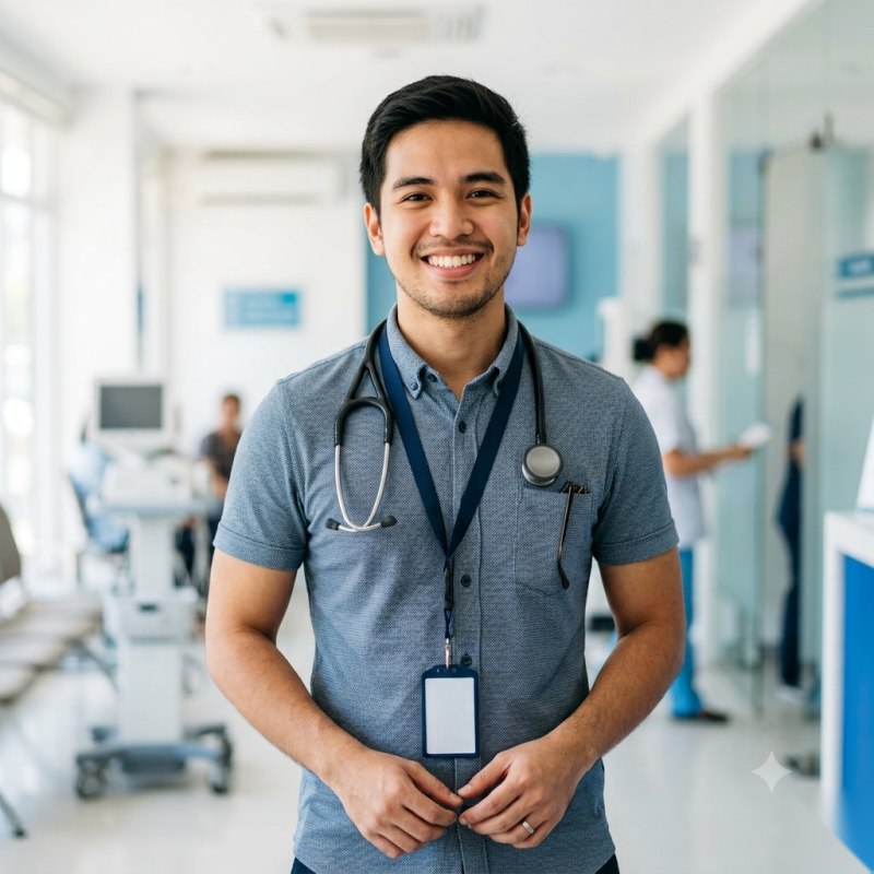 A newly licensed doctor in a bright clinic