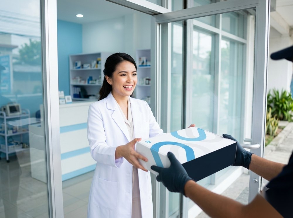 A new doctor receiving her free Better Practice starter package at her clinic door