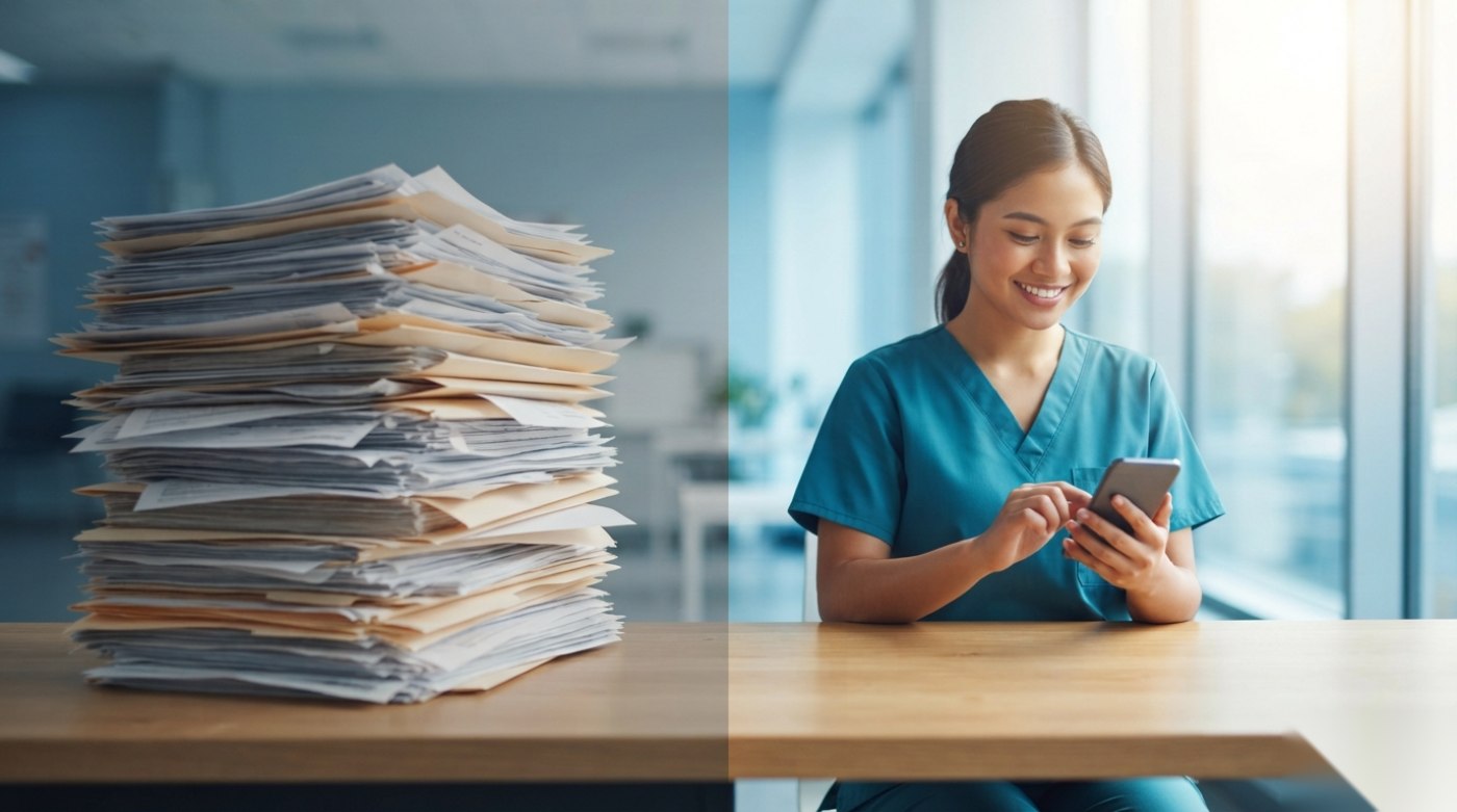 A stack of BIR forms beside a resident filing with one tap in the Better Practice app