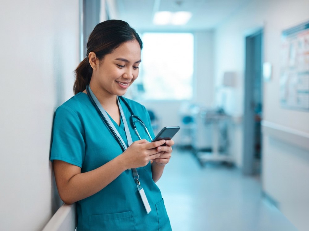 A resident in scrubs checking her phone between rounds, compliance handled